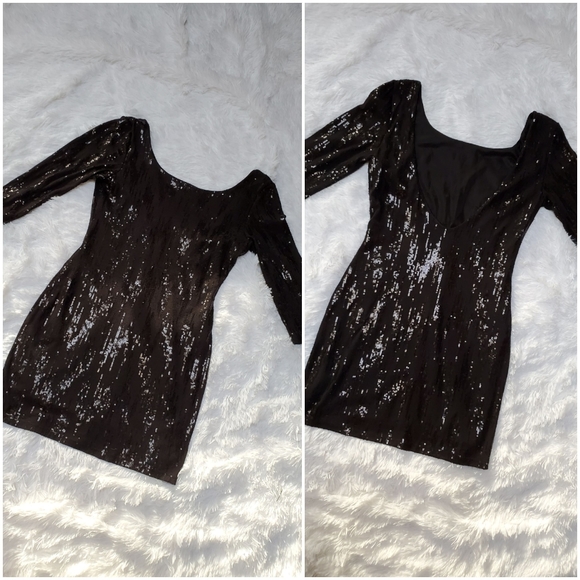 BLACK SEQUIN 3/4 SLEEVE BODYCON DRESS! - Picture 7 of 8